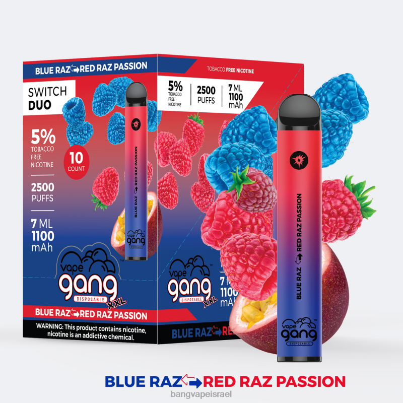 Vape Gang Switch Duo 2 טעמים (קופסה של 10) 4J2PV41 blue razz - red razz passion Bang Vape israel
